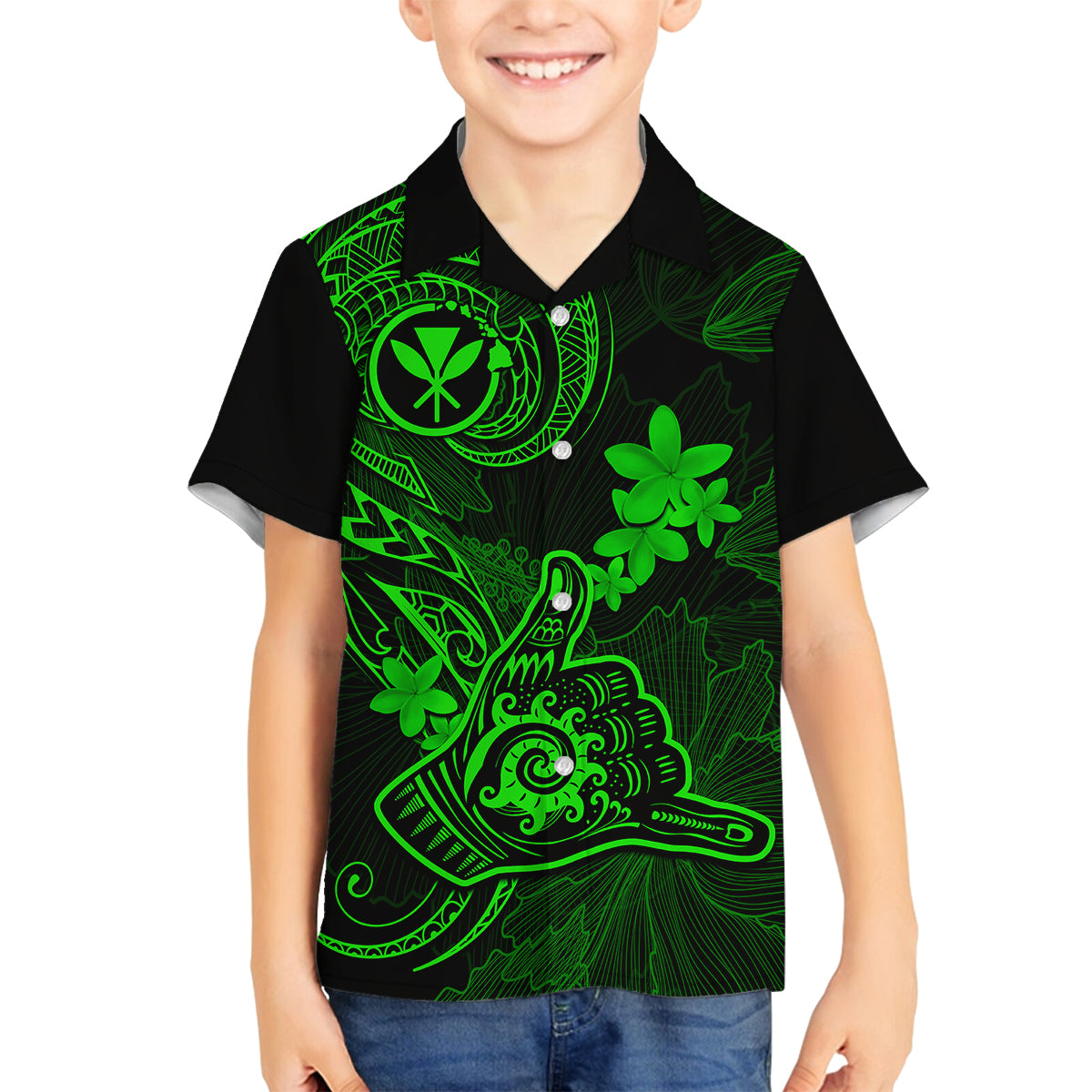 Hawaii Family Matching Tank Maxi Dress and Hawaiian Shirt Shaka Tattoo Mix Polynesian Plumeria Green Version LT14 Son's Shirt Green - Polynesian Pride