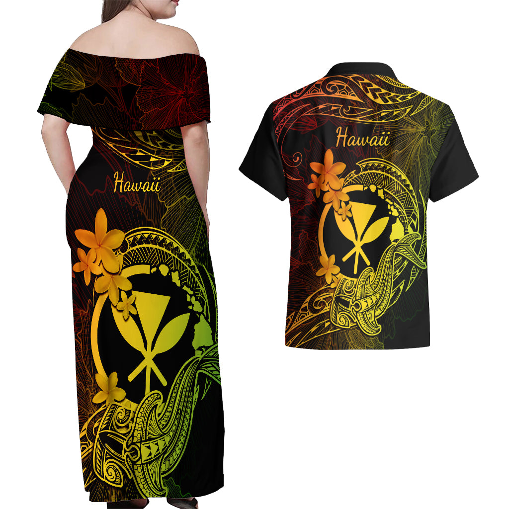 hawaii-couples-matching-off-shoulder-maxi-dress-and-hawaiian-shirt-hammerhead-shark-tattoo-mix-polynesian-plumeria-reggae-version