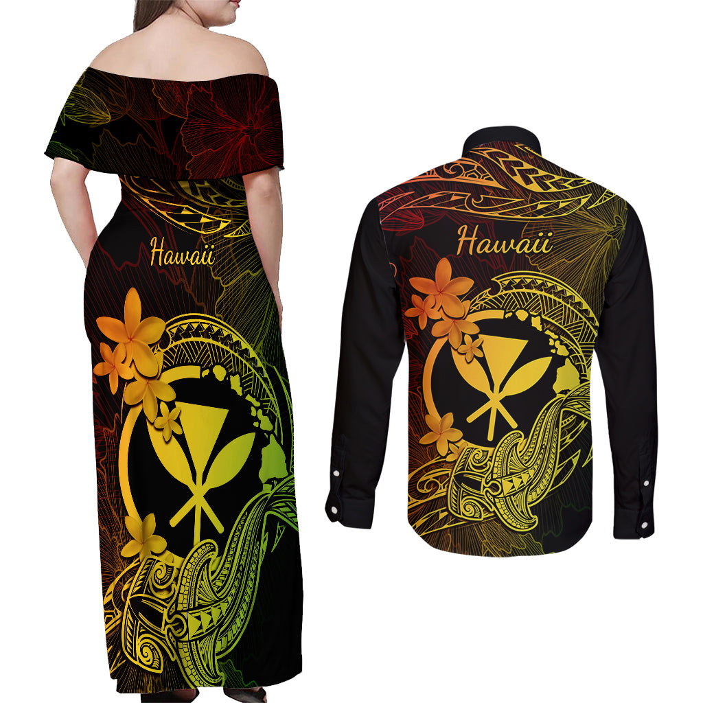 hawaii-couples-matching-off-shoulder-maxi-dress-and-long-sleeve-button-shirts-hammerhead-shark-tattoo-mix-polynesian-plumeria-reggae-version