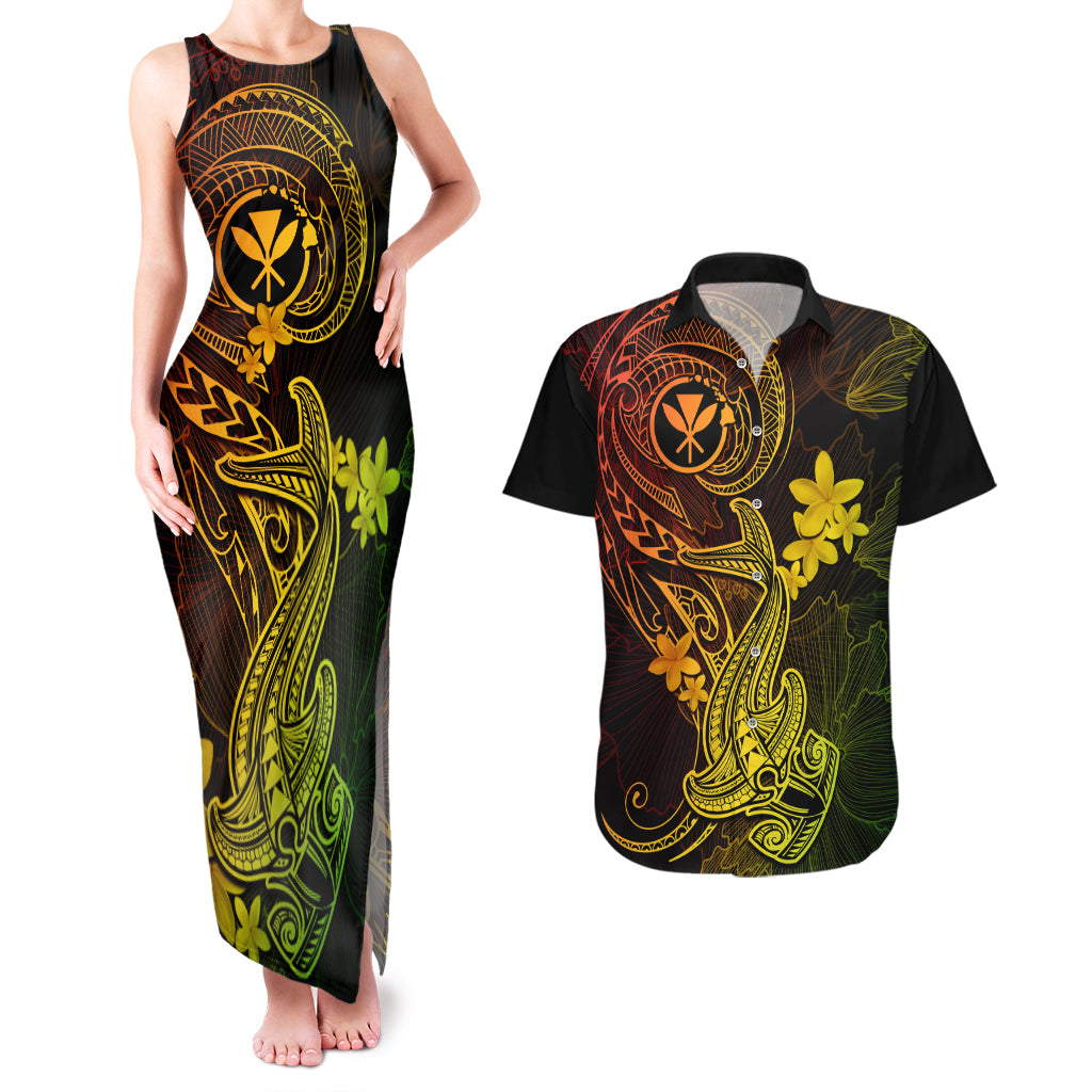 hawaii-couples-matching-tank-maxi-dress-and-hawaiian-shirt-hammerhead-shark-tattoo-mix-polynesian-plumeria-reggae-version