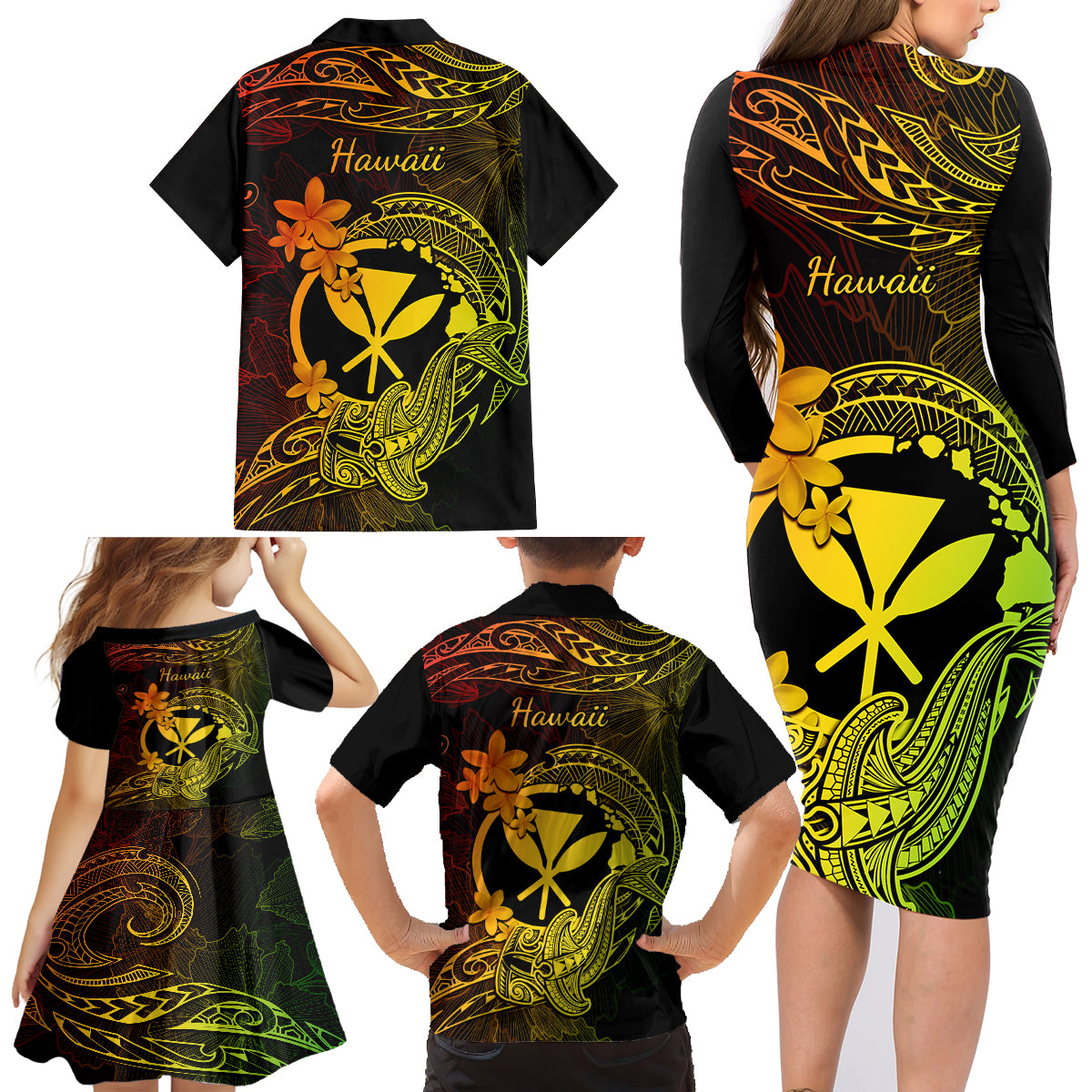 Hawaii Family Matching Long Sleeve Bodycon Dress and Hawaiian Shirt Hammerhead Shark Tattoo Mix Polynesian Plumeria Reggae Version LT14 - Polynesian Pride