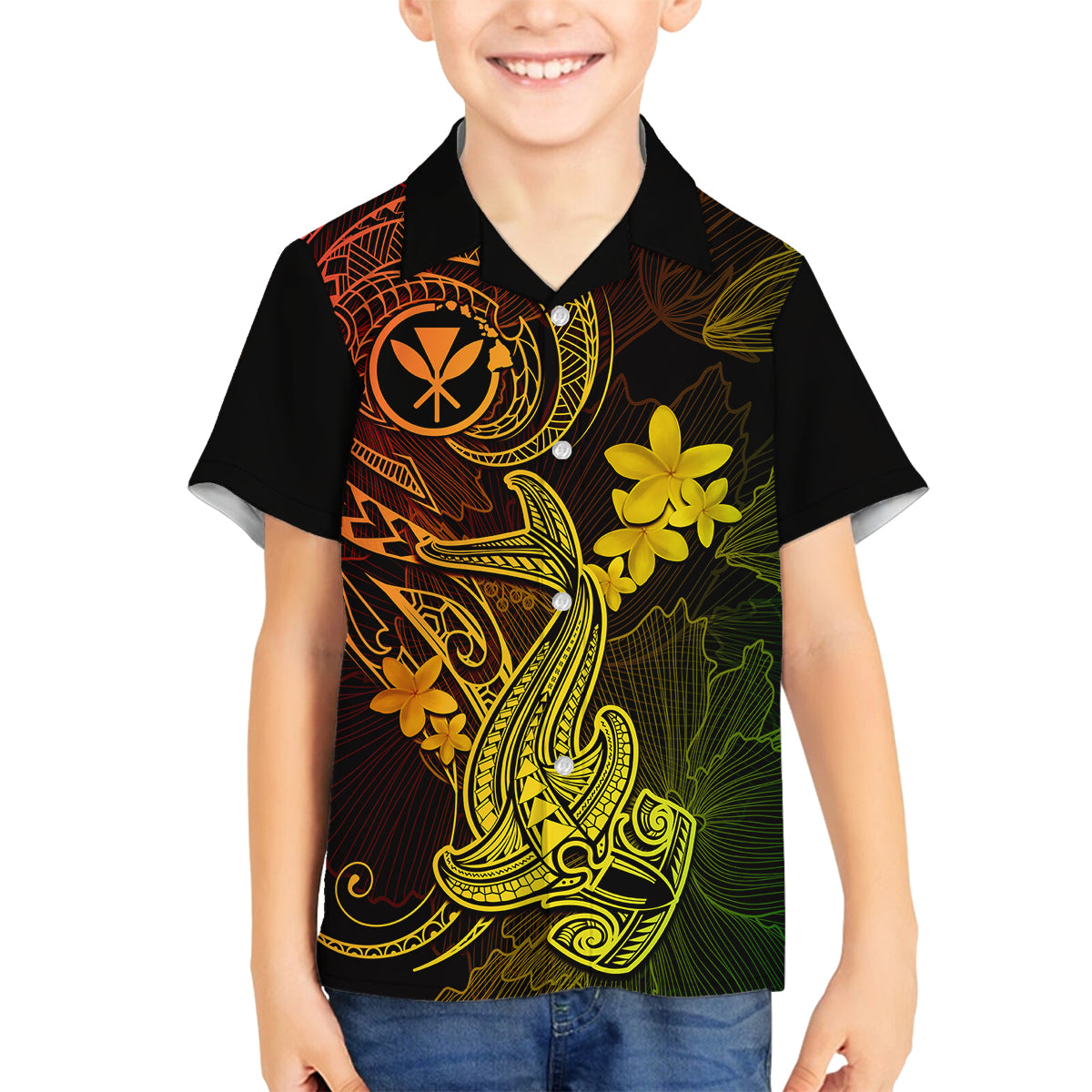 Hawaii Family Matching Long Sleeve Bodycon Dress and Hawaiian Shirt Hammerhead Shark Tattoo Mix Polynesian Plumeria Reggae Version LT14 Son's Shirt Reggae - Polynesian Pride
