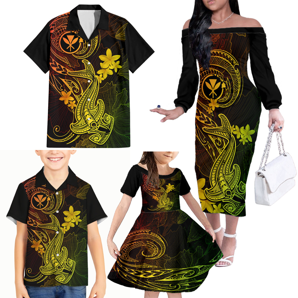 Hawaii Family Matching Off Shoulder Long Sleeve Dress and Hawaiian Shirt Hammerhead Shark Tattoo Mix Polynesian Plumeria Reggae Version LT14 - Polynesian Pride