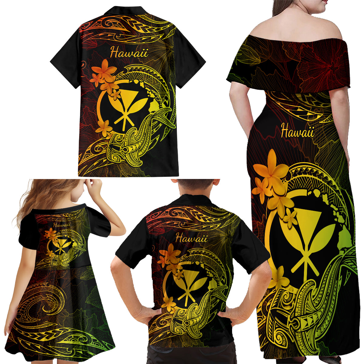Hawaii Family Matching Off Shoulder Long Sleeve Dress and Hawaiian Shirt Hammerhead Shark Tattoo Mix Polynesian Plumeria Reggae Version LT14 - Polynesian Pride