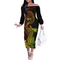 Hawaii Family Matching Off Shoulder Long Sleeve Dress and Hawaiian Shirt Hammerhead Shark Tattoo Mix Polynesian Plumeria Reggae Version LT14 Mom's Dress Reggae - Polynesian Pride