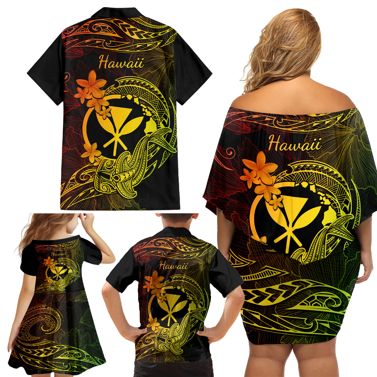 Hawaii Family Matching Off Shoulder Short Dress and Hawaiian Shirt Hammerhead Shark Tattoo Mix Polynesian Plumeria Reggae Version LT14 - Polynesian Pride