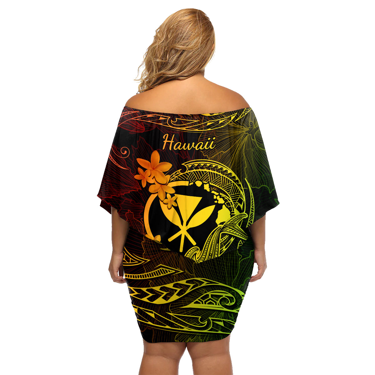Hawaii Family Matching Off Shoulder Short Dress and Hawaiian Shirt Hammerhead Shark Tattoo Mix Polynesian Plumeria Reggae Version LT14 - Polynesian Pride