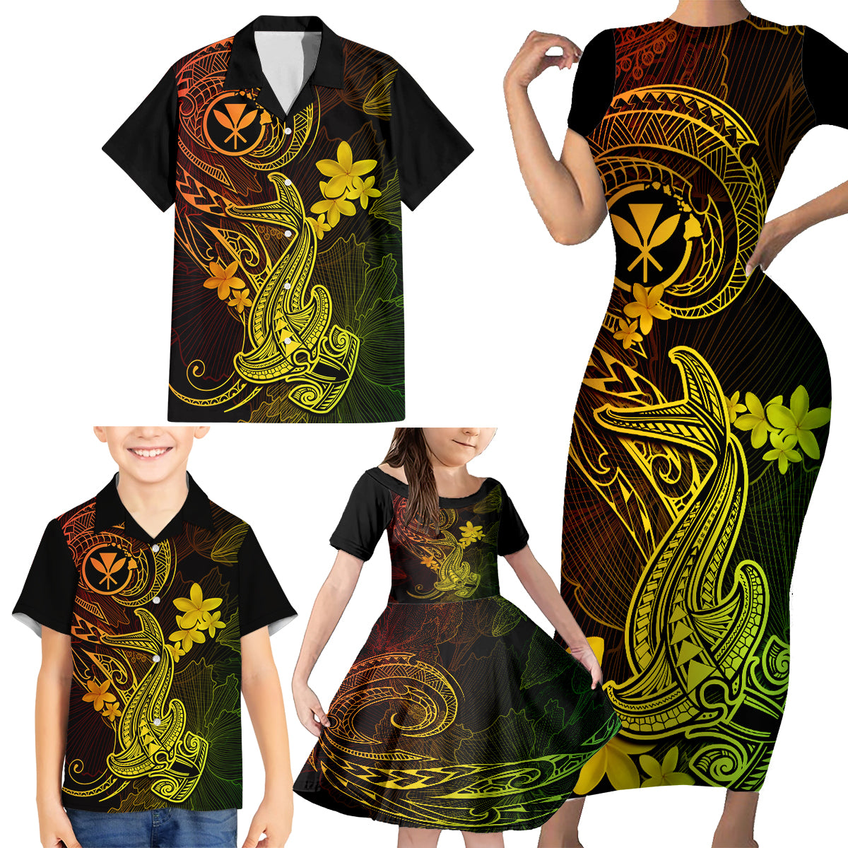 Hawaii Family Matching Short Sleeve Bodycon Dress and Hawaiian Shirt Hammerhead Shark Tattoo Mix Polynesian Plumeria Reggae Version LT14 - Polynesian Pride