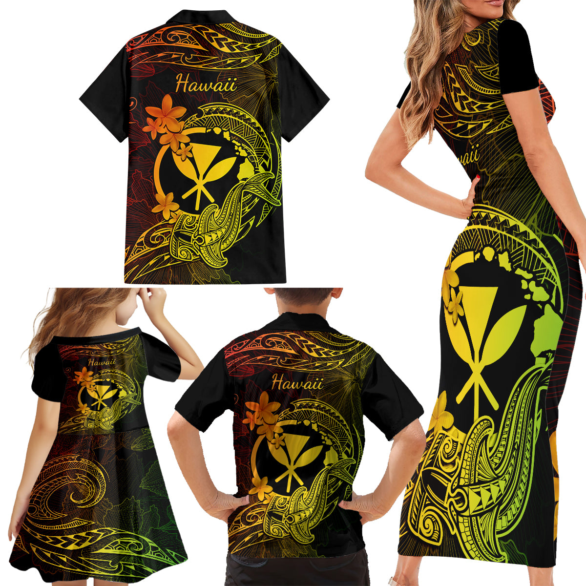 Hawaii Family Matching Short Sleeve Bodycon Dress and Hawaiian Shirt Hammerhead Shark Tattoo Mix Polynesian Plumeria Reggae Version LT14 - Polynesian Pride