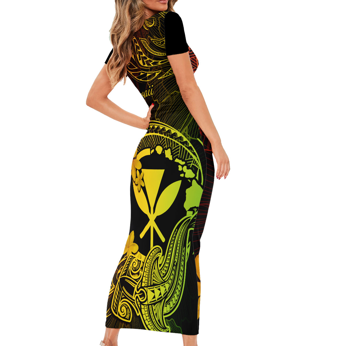 Hawaii Family Matching Short Sleeve Bodycon Dress and Hawaiian Shirt Hammerhead Shark Tattoo Mix Polynesian Plumeria Reggae Version LT14 - Polynesian Pride