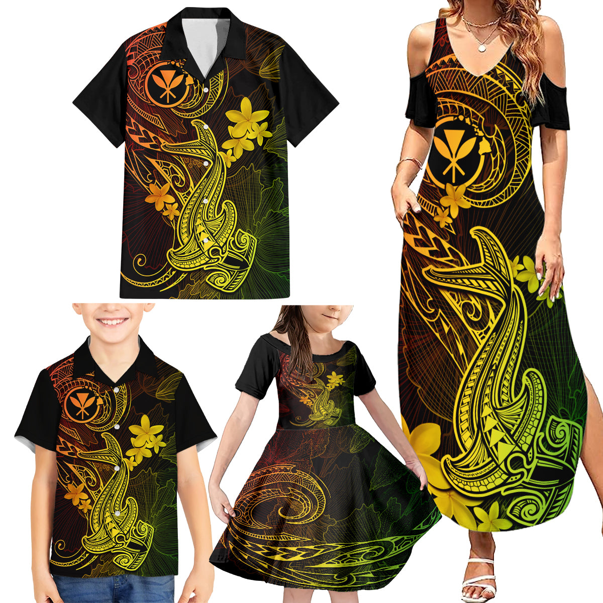 Hawaii Family Matching Summer Maxi Dress and Hawaiian Shirt Hammerhead Shark Tattoo Mix Polynesian Plumeria Reggae Version LT14 - Polynesian Pride