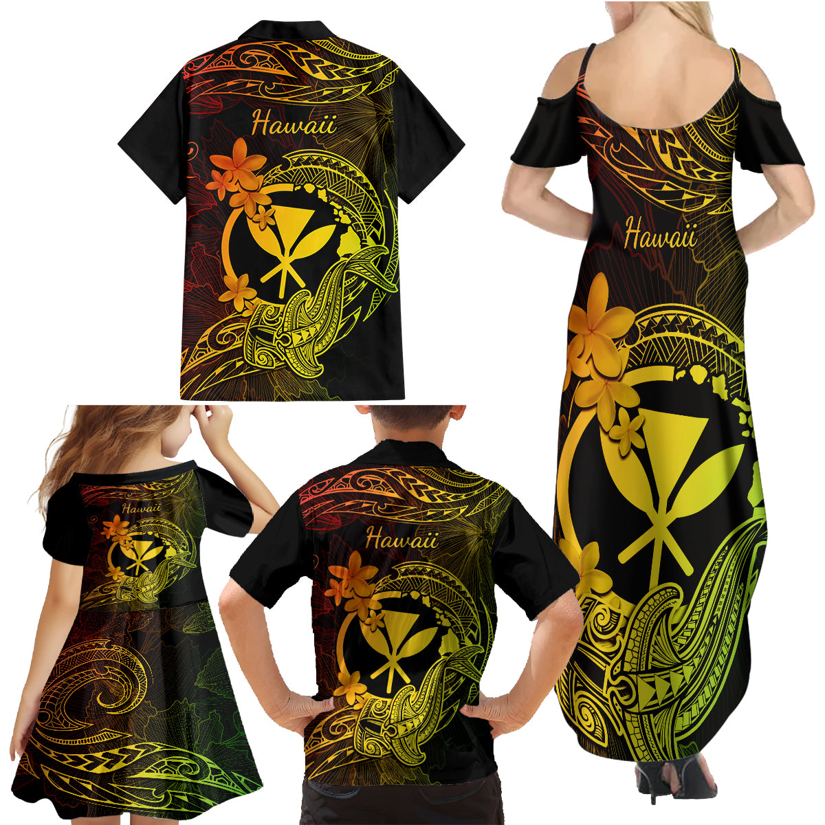Hawaii Family Matching Summer Maxi Dress and Hawaiian Shirt Hammerhead Shark Tattoo Mix Polynesian Plumeria Reggae Version LT14 - Polynesian Pride