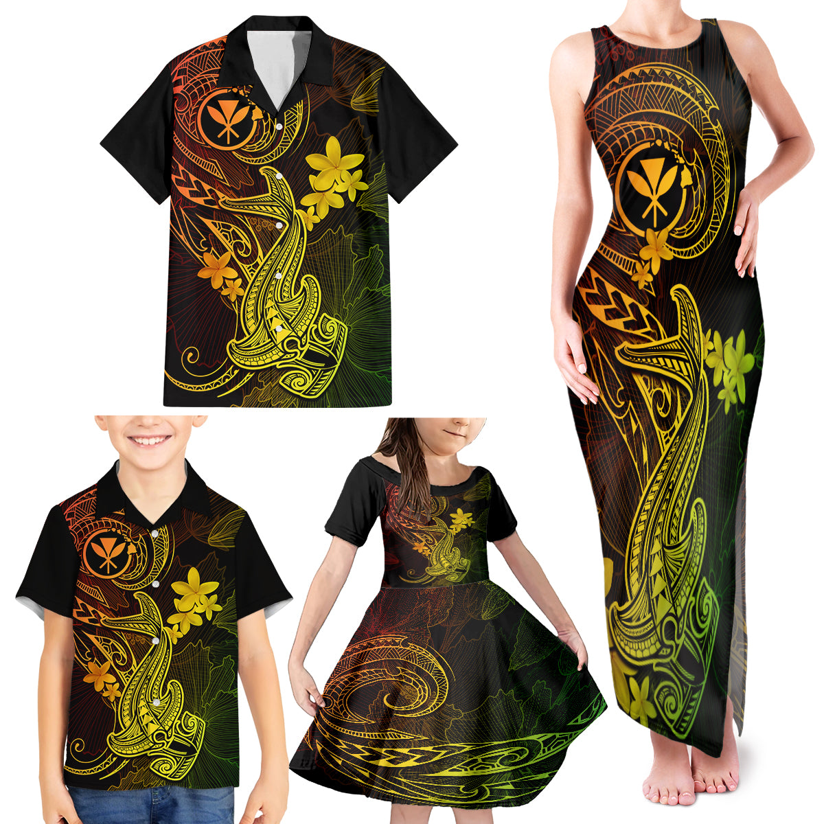 Hawaii Family Matching Tank Maxi Dress and Hawaiian Shirt Hammerhead Shark Tattoo Mix Polynesian Plumeria Reggae Version LT14 - Polynesian Pride