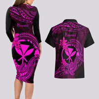 Hawaii Couples Matching Long Sleeve Bodycon Dress and Hawaiian Shirt Hammerhead Shark Tattoo Mix Polynesian Plumeria Pink Version LT14 - Polynesian Pride