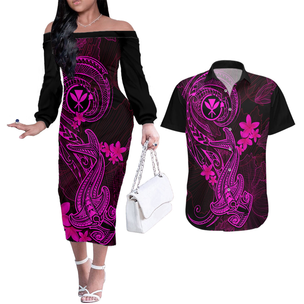 Hawaii Couples Matching Off The Shoulder Long Sleeve Dress and Hawaiian Shirt Hammerhead Shark Tattoo Mix Polynesian Plumeria Pink Version LT14 Pink - Polynesian Pride