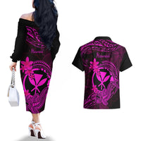 Hawaii Couples Matching Off The Shoulder Long Sleeve Dress and Hawaiian Shirt Hammerhead Shark Tattoo Mix Polynesian Plumeria Pink Version LT14 - Polynesian Pride
