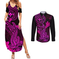 hawaii-couples-matching-summer-maxi-dress-and-long-sleeve-button-shirts-hammerhead-shark-tattoo-mix-polynesian-plumeria-pink-version