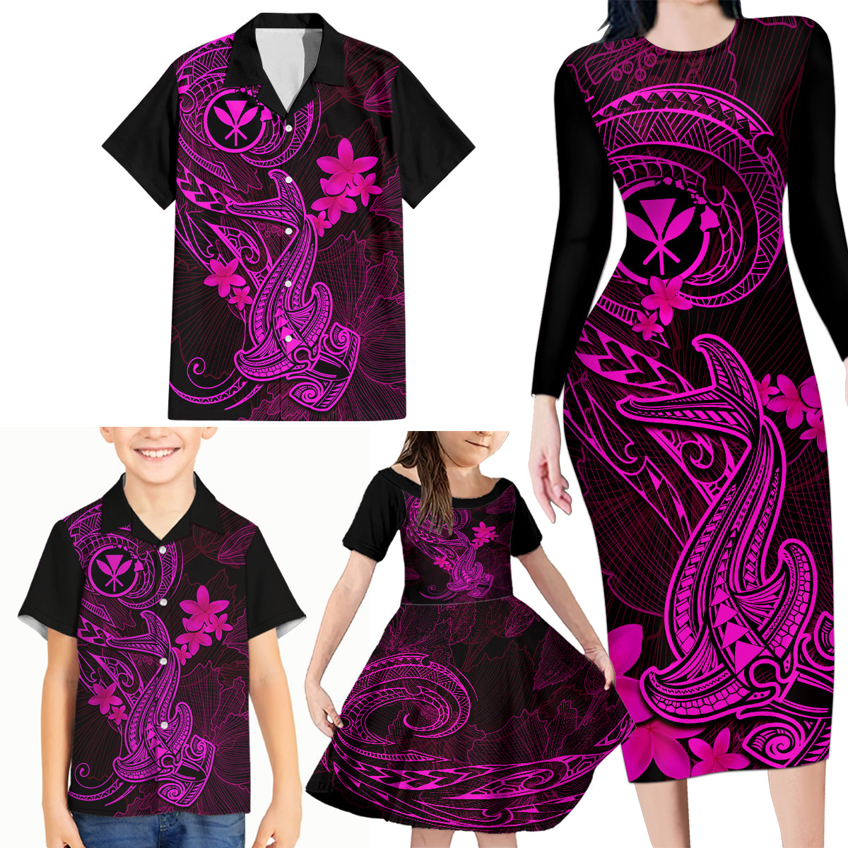 Hawaii Family Matching Long Sleeve Bodycon Dress and Hawaiian Shirt Hammerhead Shark Tattoo Mix Polynesian Plumeria Pink Version LT14 - Polynesian Pride