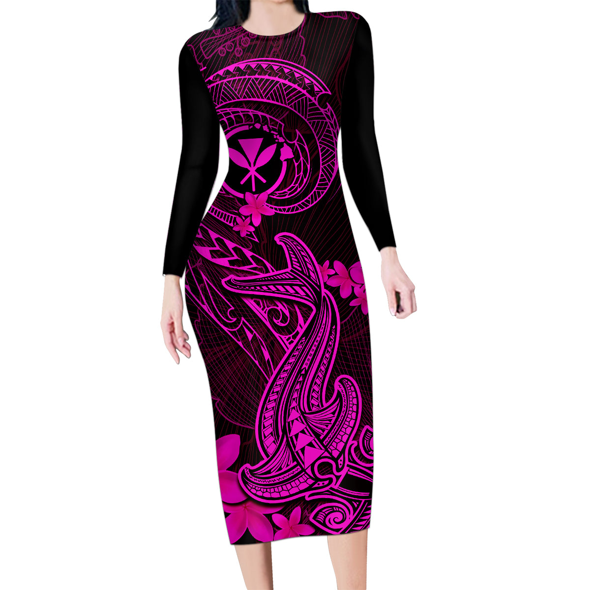 Hawaii Family Matching Long Sleeve Bodycon Dress and Hawaiian Shirt Hammerhead Shark Tattoo Mix Polynesian Plumeria Pink Version LT14 Mom's Dress Pink - Polynesian Pride