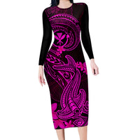 Hawaii Family Matching Long Sleeve Bodycon Dress and Hawaiian Shirt Hammerhead Shark Tattoo Mix Polynesian Plumeria Pink Version LT14 Mom's Dress Pink - Polynesian Pride