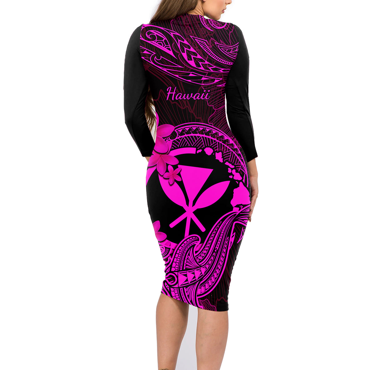 Hawaii Family Matching Long Sleeve Bodycon Dress and Hawaiian Shirt Hammerhead Shark Tattoo Mix Polynesian Plumeria Pink Version LT14 - Polynesian Pride