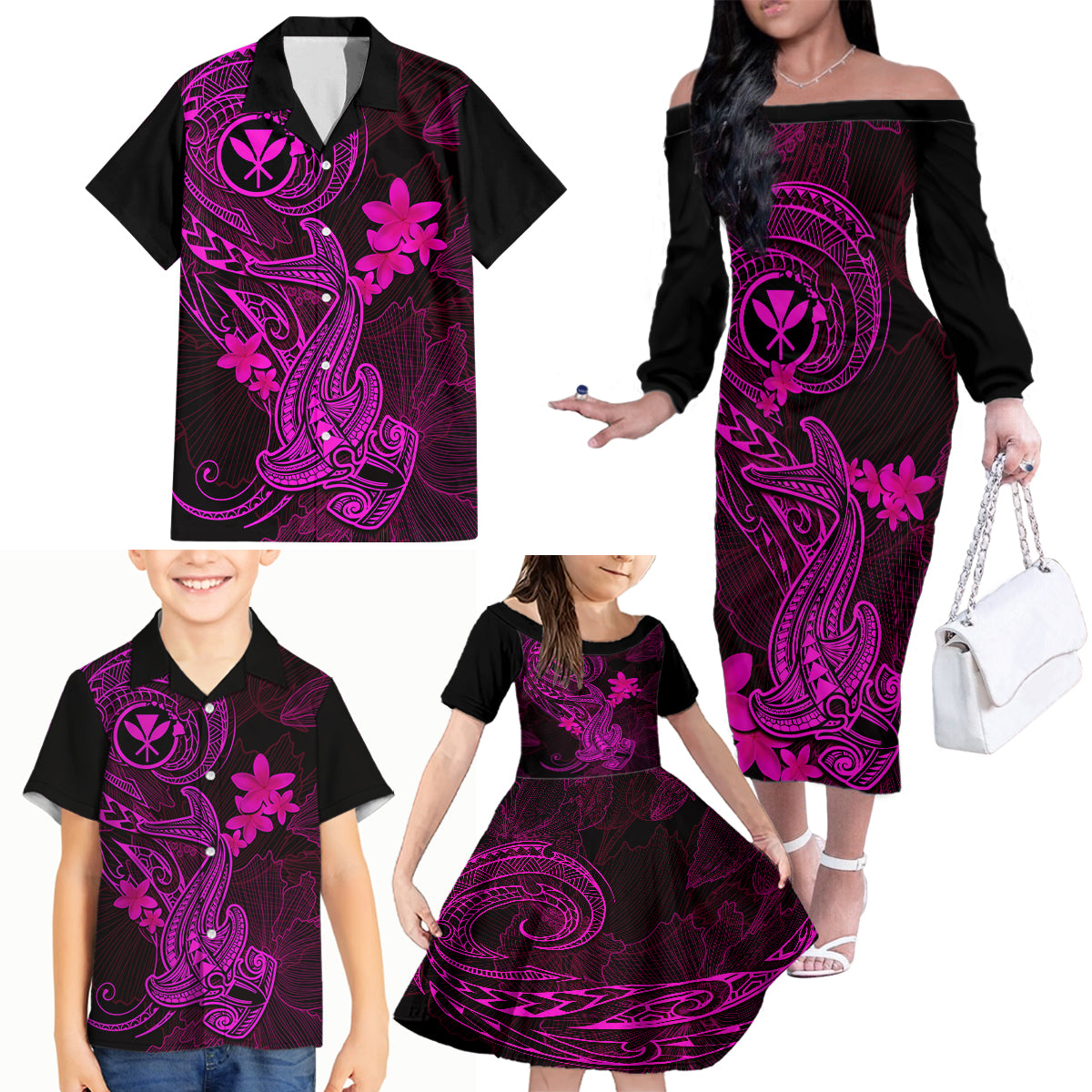 Hawaii Family Matching Off Shoulder Long Sleeve Dress and Hawaiian Shirt Hammerhead Shark Tattoo Mix Polynesian Plumeria Pink Version LT14 - Polynesian Pride