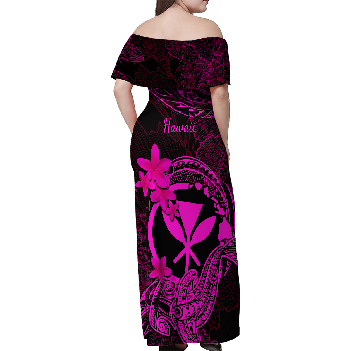 Hawaii Family Matching Off Shoulder Maxi Dress and Hawaiian Shirt Hammerhead Shark Tattoo Mix Polynesian Plumeria Pink Version LT14 - Polynesian Pride