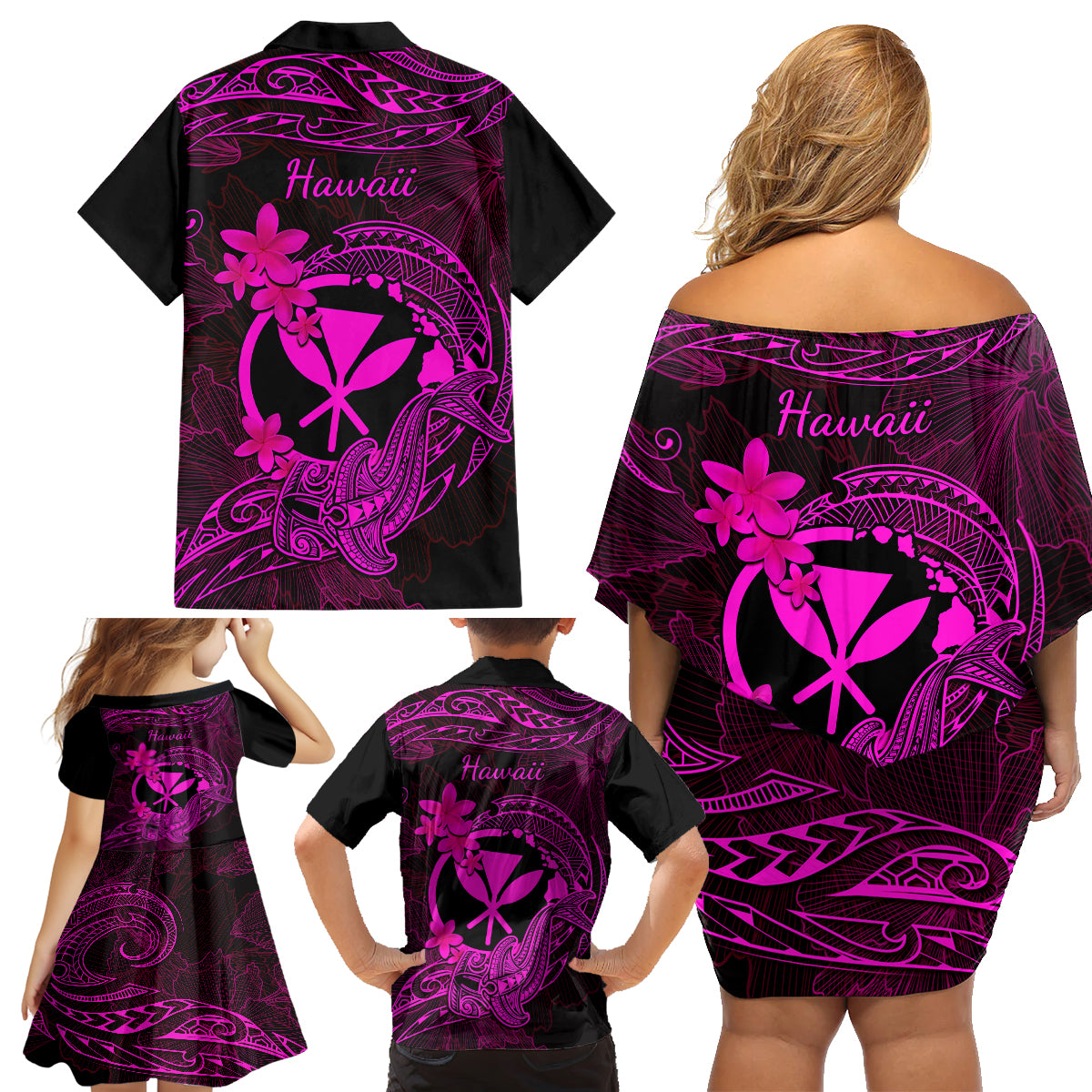 Hawaii Family Matching Off Shoulder Short Dress and Hawaiian Shirt Hammerhead Shark Tattoo Mix Polynesian Plumeria Pink Version LT14 - Polynesian Pride