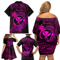 Hawaii Family Matching Off Shoulder Short Dress and Hawaiian Shirt Hammerhead Shark Tattoo Mix Polynesian Plumeria Pink Version LT14 - Polynesian Pride