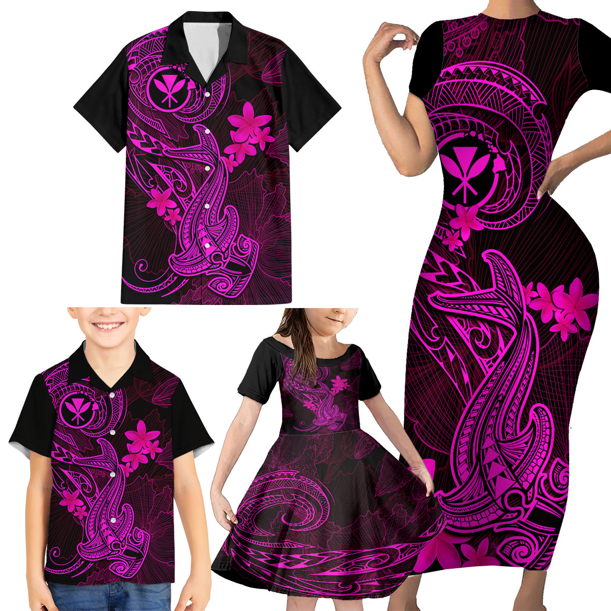 Hawaii Family Matching Short Sleeve Bodycon Dress and Hawaiian Shirt Hammerhead Shark Tattoo Mix Polynesian Plumeria Pink Version LT14 - Polynesian Pride