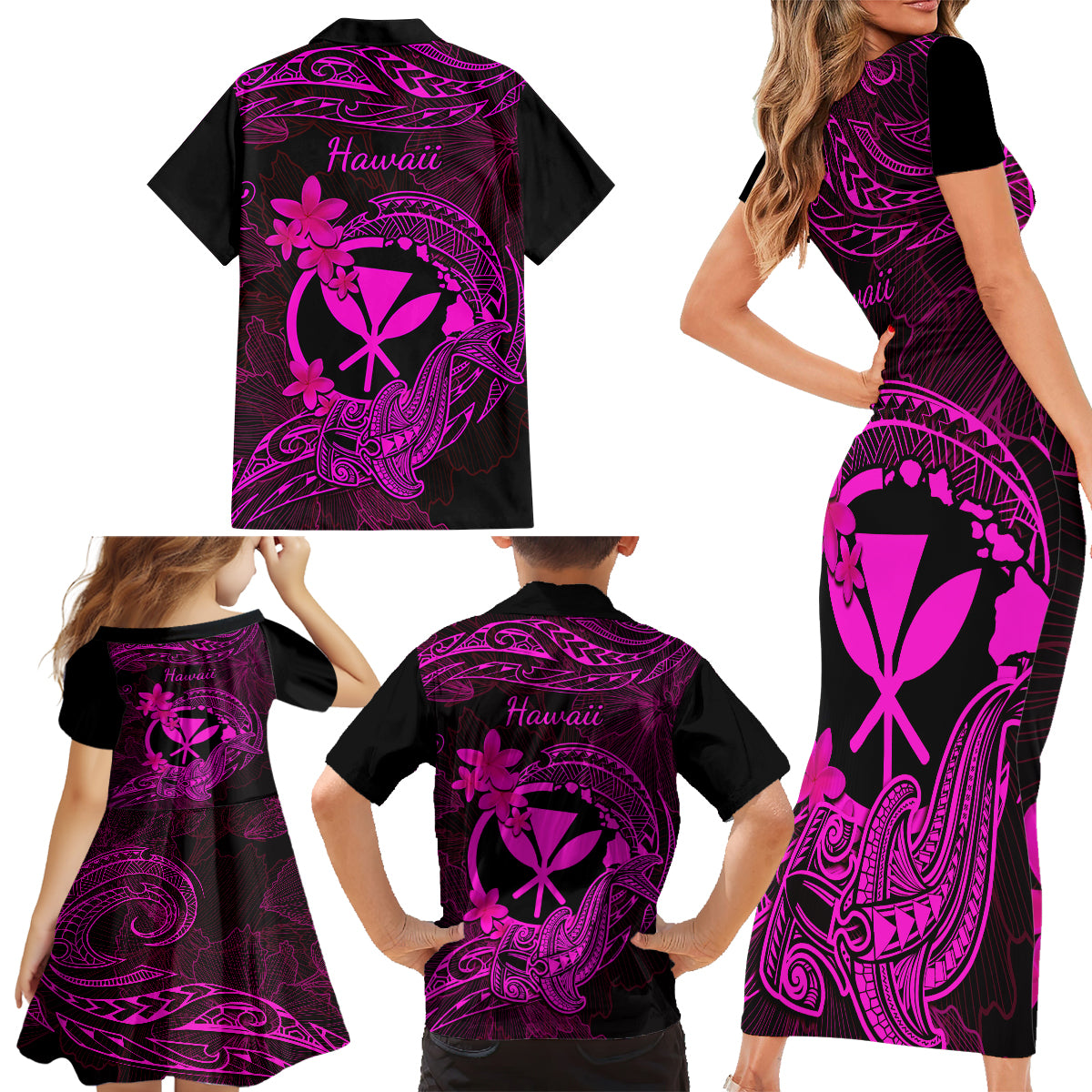 Hawaii Family Matching Short Sleeve Bodycon Dress and Hawaiian Shirt Hammerhead Shark Tattoo Mix Polynesian Plumeria Pink Version LT14 - Polynesian Pride