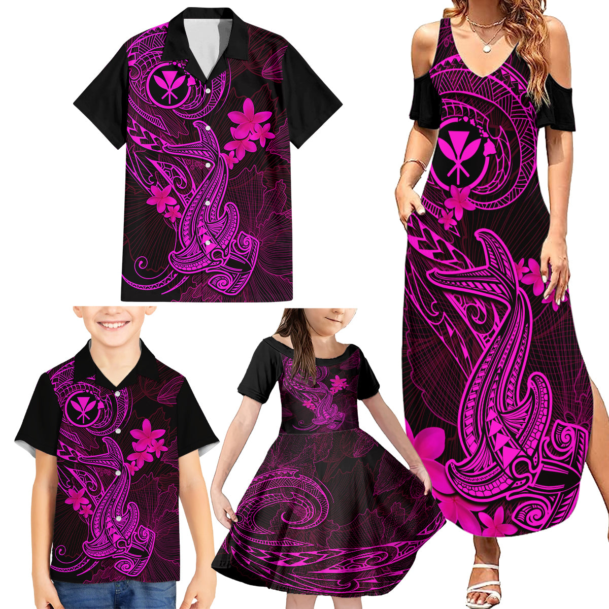Hawaii Family Matching Summer Maxi Dress and Hawaiian Shirt Hammerhead Shark Tattoo Mix Polynesian Plumeria Pink Version LT14 - Polynesian Pride
