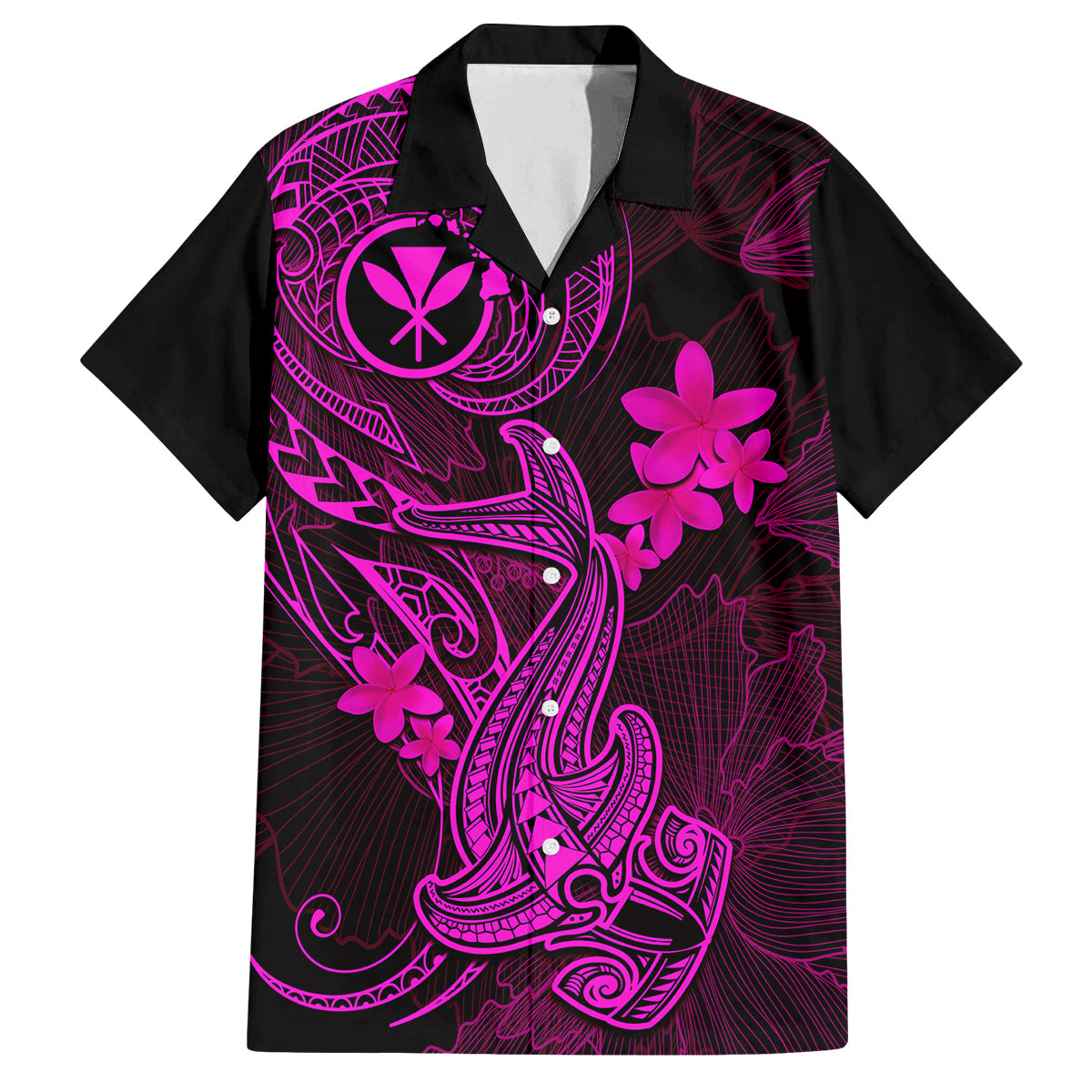 Hawaii Family Matching Tank Maxi Dress and Hawaiian Shirt Hammerhead Shark Tattoo Mix Polynesian Plumeria Pink Version LT14 Dad's Shirt - Short Sleeve Pink - Polynesian Pride