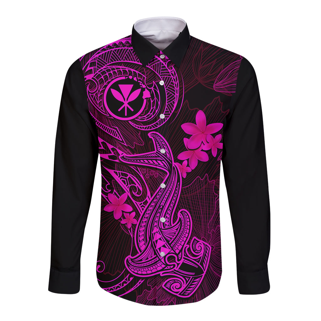 Hawaii Long Sleeve Button Shirt Hammerhead Shark Tattoo Mix Polynesian Plumeria Pink Version LT14 Unisex Pink - Polynesian Pride