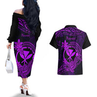 Hawaii Couples Matching Off The Shoulder Long Sleeve Dress and Hawaiian Shirt Hammerhead Shark Tattoo Mix Polynesian Plumeria Purple Version LT14 - Polynesian Pride