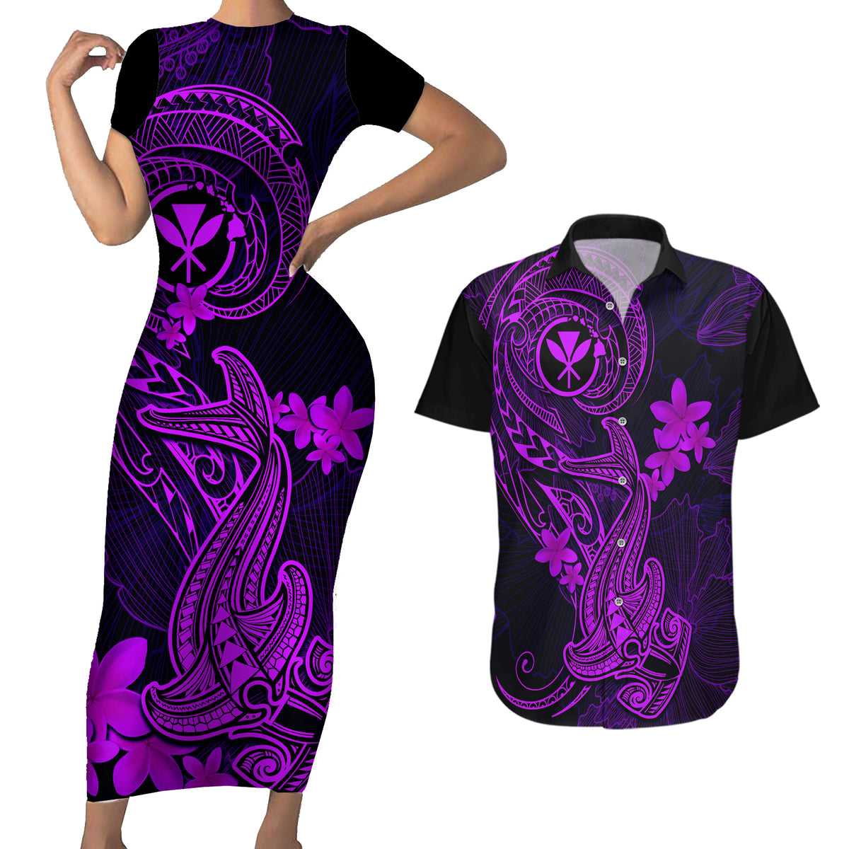 Hawaii Couples Matching Short Sleeve Bodycon Dress and Hawaiian Shirt Hammerhead Shark Tattoo Mix Polynesian Plumeria Purple Version LT14 Purple - Polynesian Pride