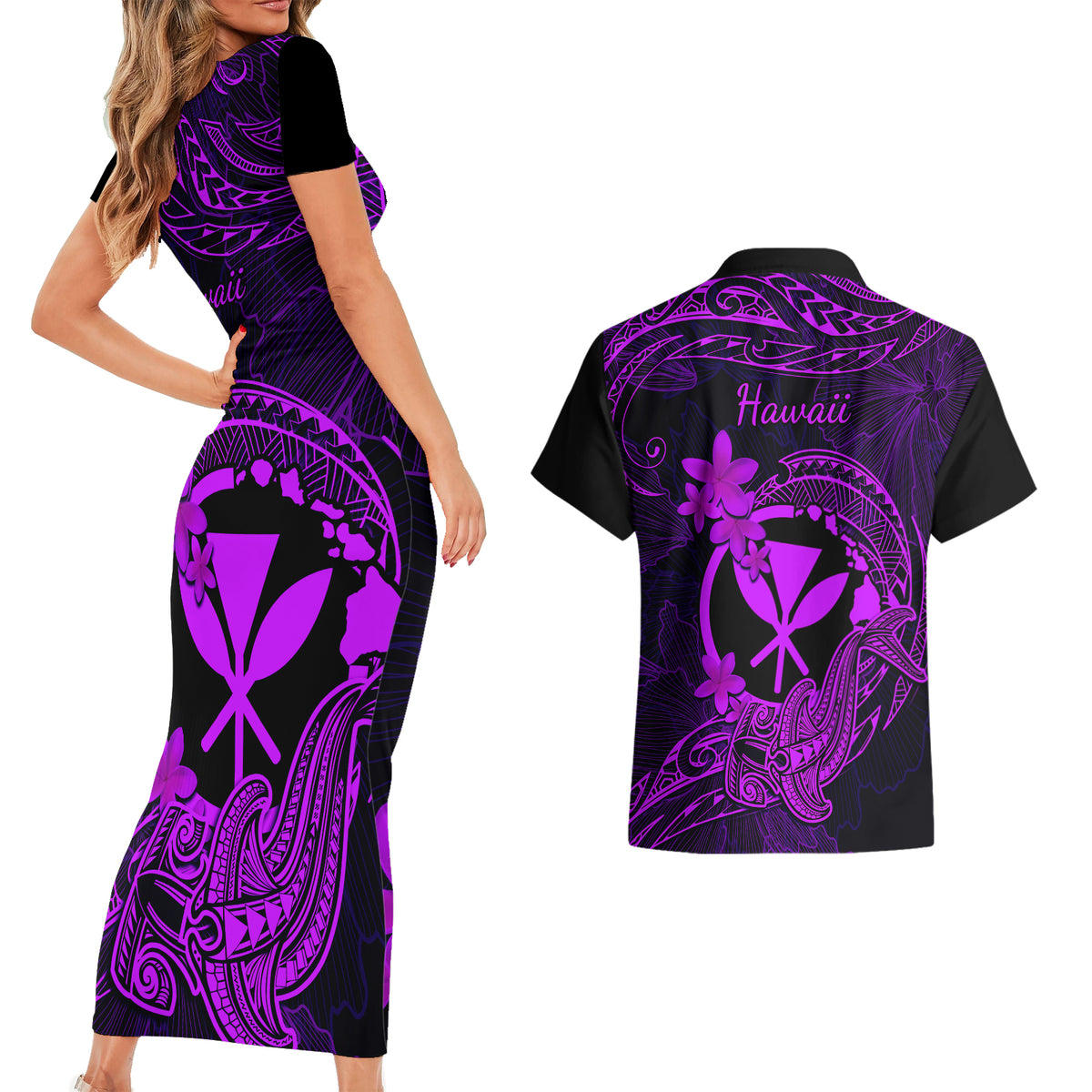 Hawaii Couples Matching Short Sleeve Bodycon Dress and Hawaiian Shirt Hammerhead Shark Tattoo Mix Polynesian Plumeria Purple Version LT14 - Polynesian Pride
