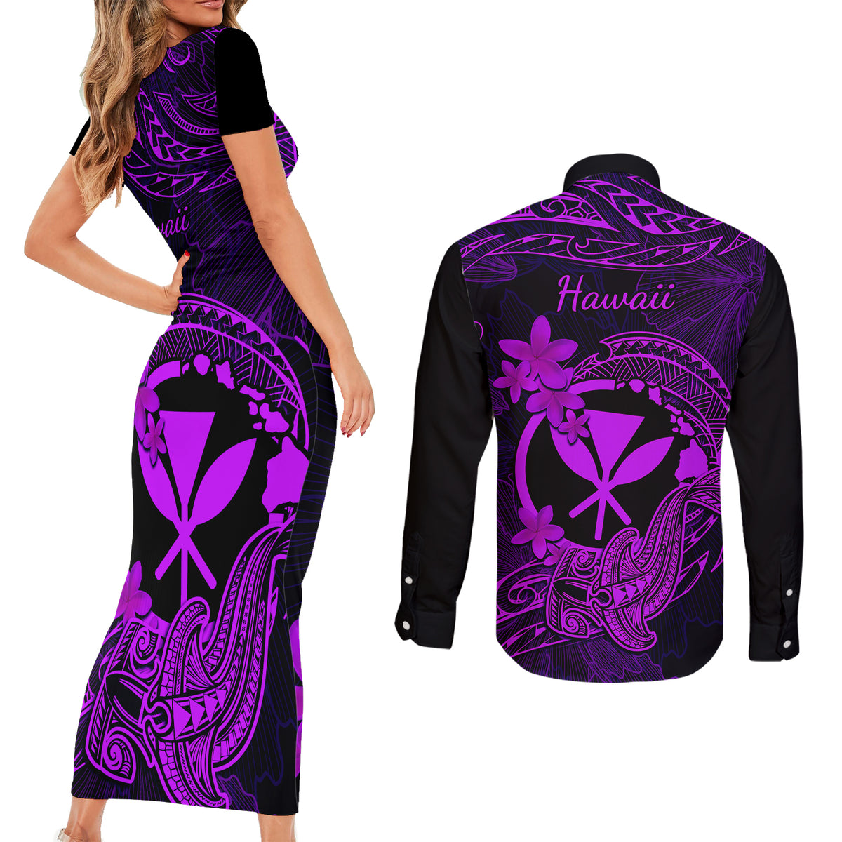 hawaii-couples-matching-short-sleeve-bodycon-dress-and-long-sleeve-button-shirts-hammerhead-shark-tattoo-mix-polynesian-plumeria-purple-version