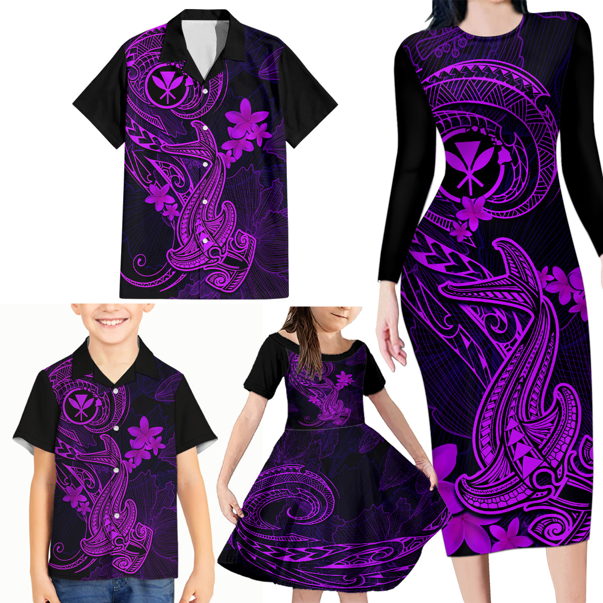 Hawaii Family Matching Long Sleeve Bodycon Dress and Hawaiian Shirt Hammerhead Shark Tattoo Mix Polynesian Plumeria Purple Version LT14 - Polynesian Pride