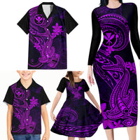 Hawaii Family Matching Long Sleeve Bodycon Dress and Hawaiian Shirt Hammerhead Shark Tattoo Mix Polynesian Plumeria Purple Version LT14 - Polynesian Pride