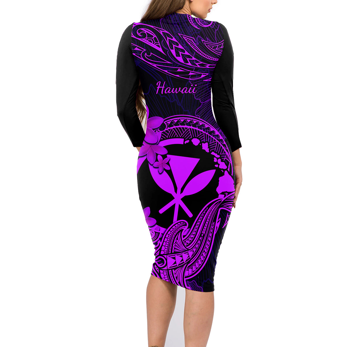 Hawaii Family Matching Long Sleeve Bodycon Dress and Hawaiian Shirt Hammerhead Shark Tattoo Mix Polynesian Plumeria Purple Version LT14 - Polynesian Pride
