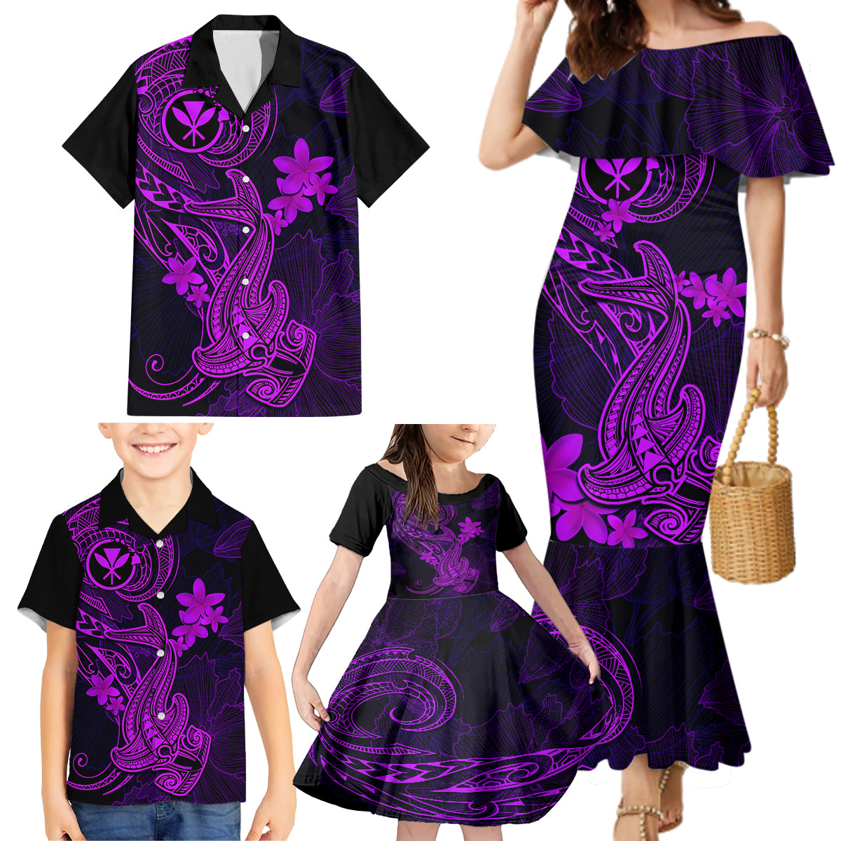Hawaii Family Matching Mermaid Dress and Hawaiian Shirt Hammerhead Shark Tattoo Mix Polynesian Plumeria Purple Version LT14 - Polynesian Pride