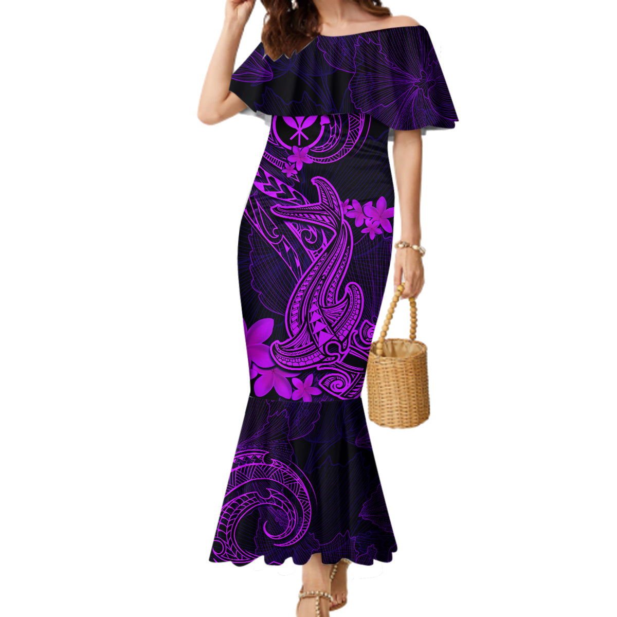 Hawaii Family Matching Mermaid Dress and Hawaiian Shirt Hammerhead Shark Tattoo Mix Polynesian Plumeria Purple Version LT14 Mom's Dress Purple - Polynesian Pride