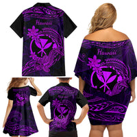Hawaii Family Matching Off Shoulder Short Dress and Hawaiian Shirt Hammerhead Shark Tattoo Mix Polynesian Plumeria Purple Version LT14 - Polynesian Pride