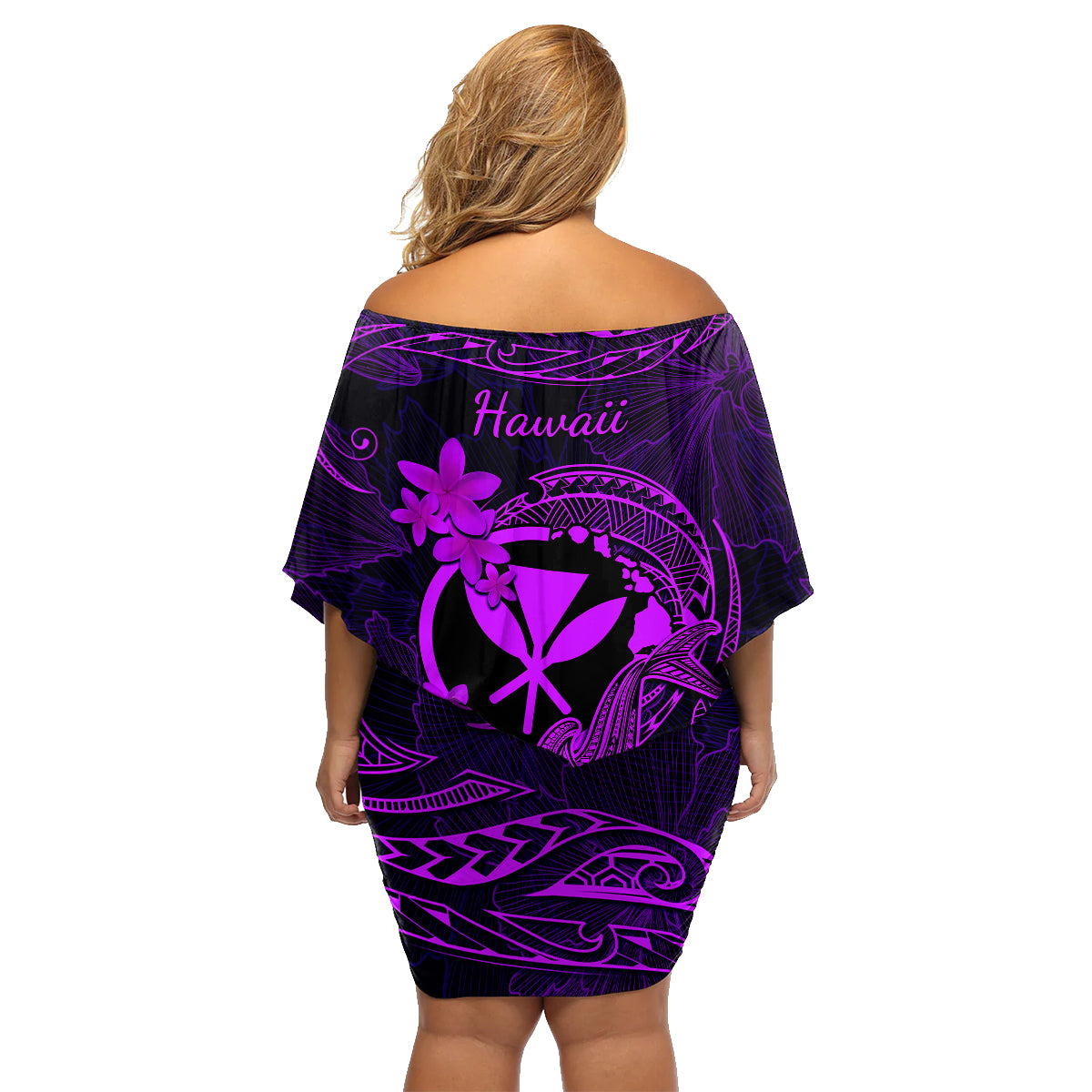 Hawaii Family Matching Off Shoulder Short Dress and Hawaiian Shirt Hammerhead Shark Tattoo Mix Polynesian Plumeria Purple Version LT14 - Polynesian Pride