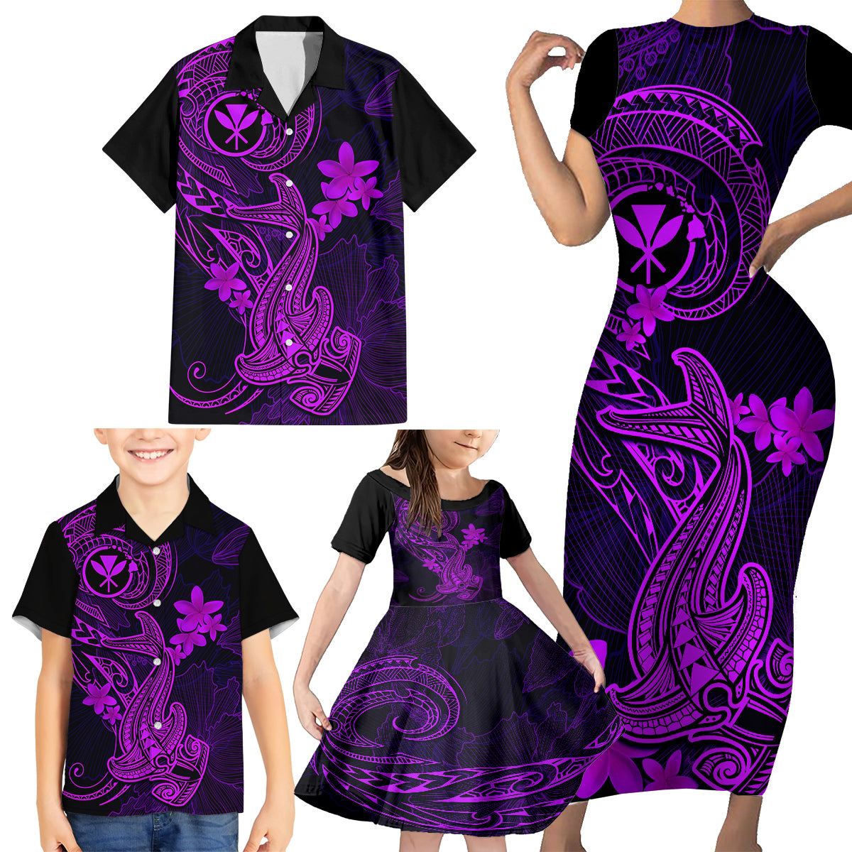 Hawaii Family Matching Short Sleeve Bodycon Dress and Hawaiian Shirt Hammerhead Shark Tattoo Mix Polynesian Plumeria Purple Version LT14 - Polynesian Pride