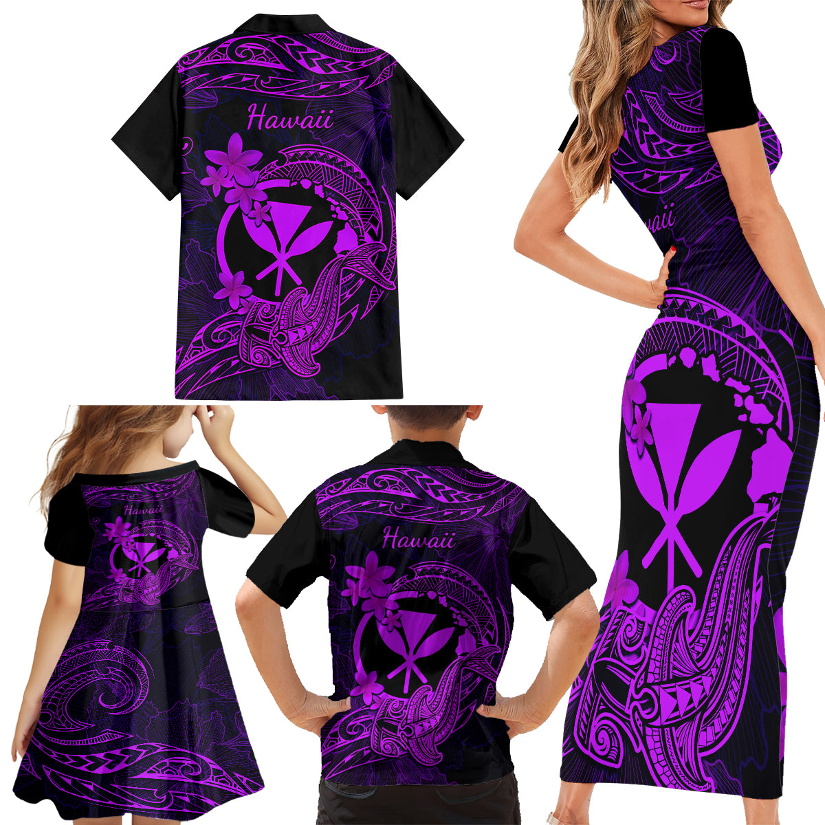 Hawaii Family Matching Short Sleeve Bodycon Dress and Hawaiian Shirt Hammerhead Shark Tattoo Mix Polynesian Plumeria Purple Version LT14 - Polynesian Pride