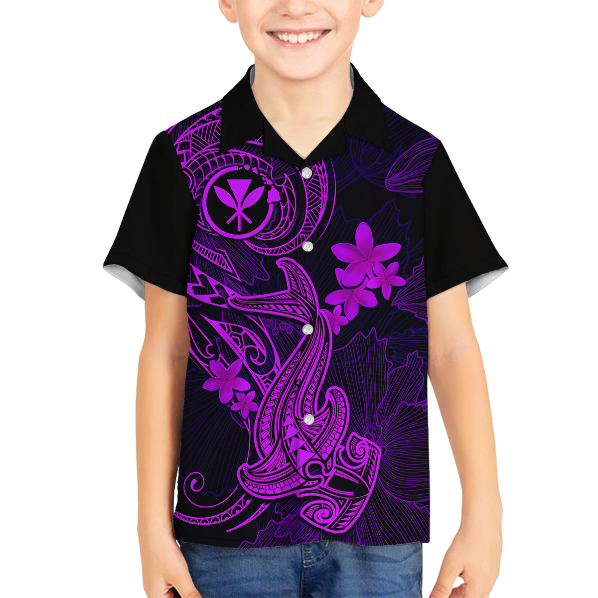 Hawaii Family Matching Short Sleeve Bodycon Dress and Hawaiian Shirt Hammerhead Shark Tattoo Mix Polynesian Plumeria Purple Version LT14 Son's Shirt Purple - Polynesian Pride