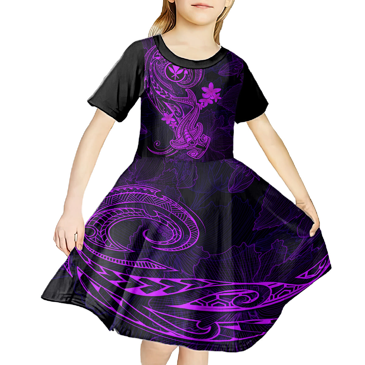hawaii-kid-short-sleeve-dress-hammerhead-shark-tattoo-mix-polynesian-plumeria-purple-version