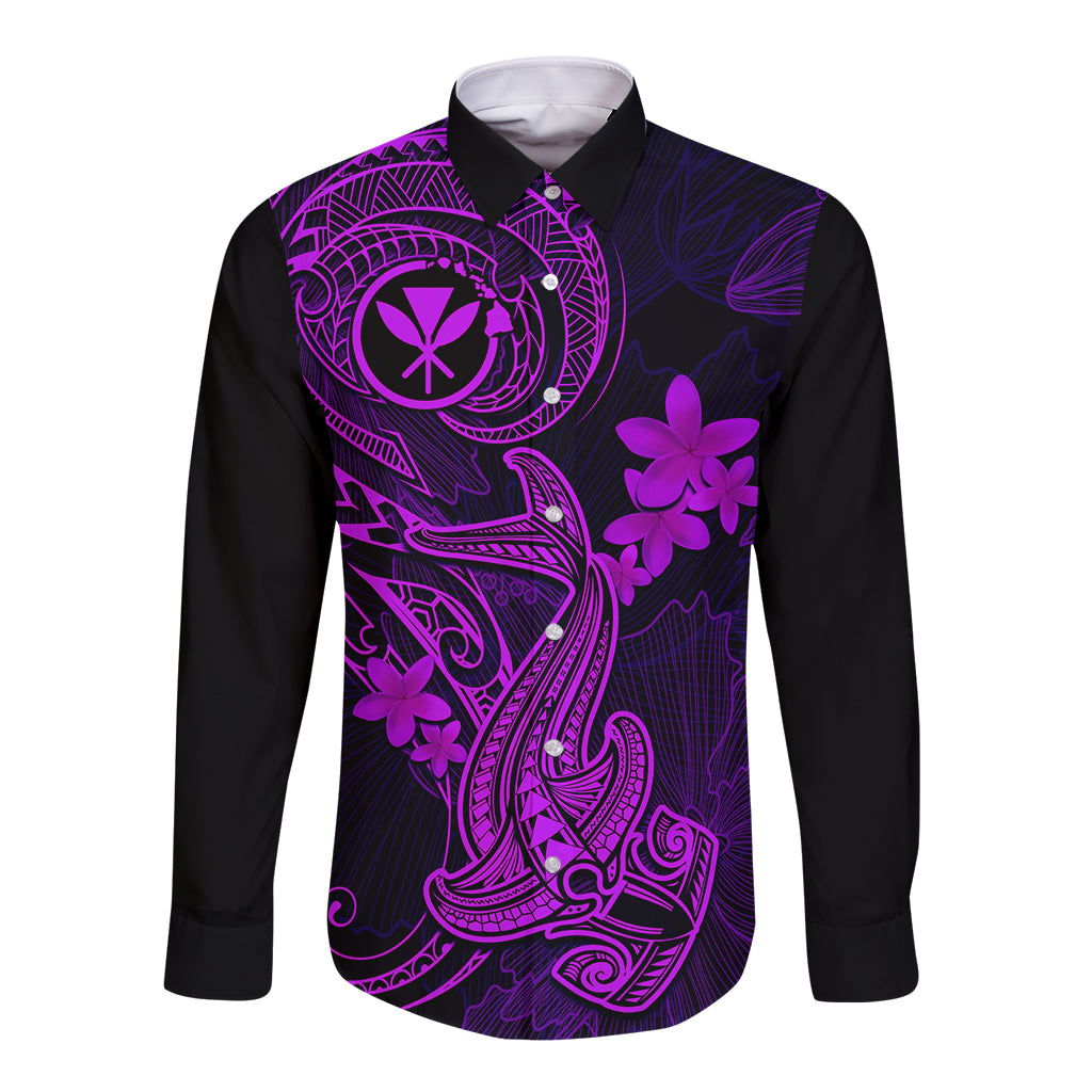 Hawaii Long Sleeve Button Shirt Hammerhead Shark Tattoo Mix Polynesian Plumeria Purple Version LT14 Unisex Purple - Polynesian Pride